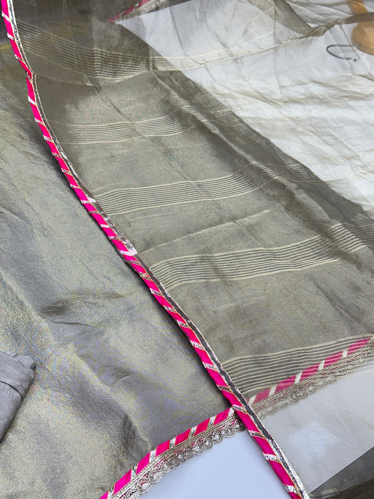 Rose Gold & Green Gold Tissue Kurta Set with Pure Cotton Lining & Handwork