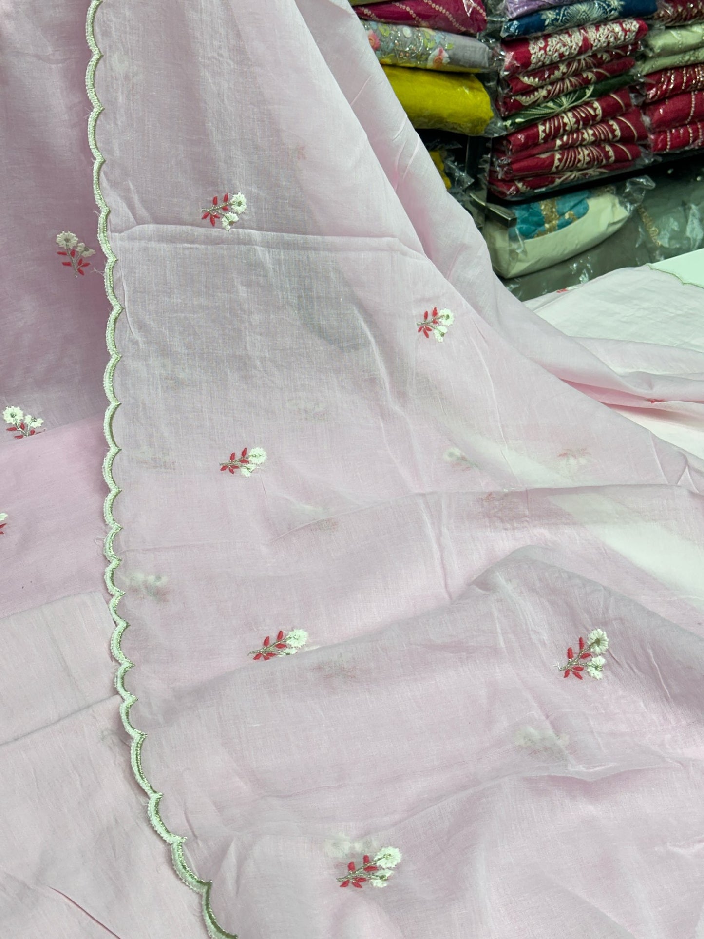 Pure Mul Cotton Embroidered Kurta Set with Lace Work Dupatta & Pants in Pastel Colours