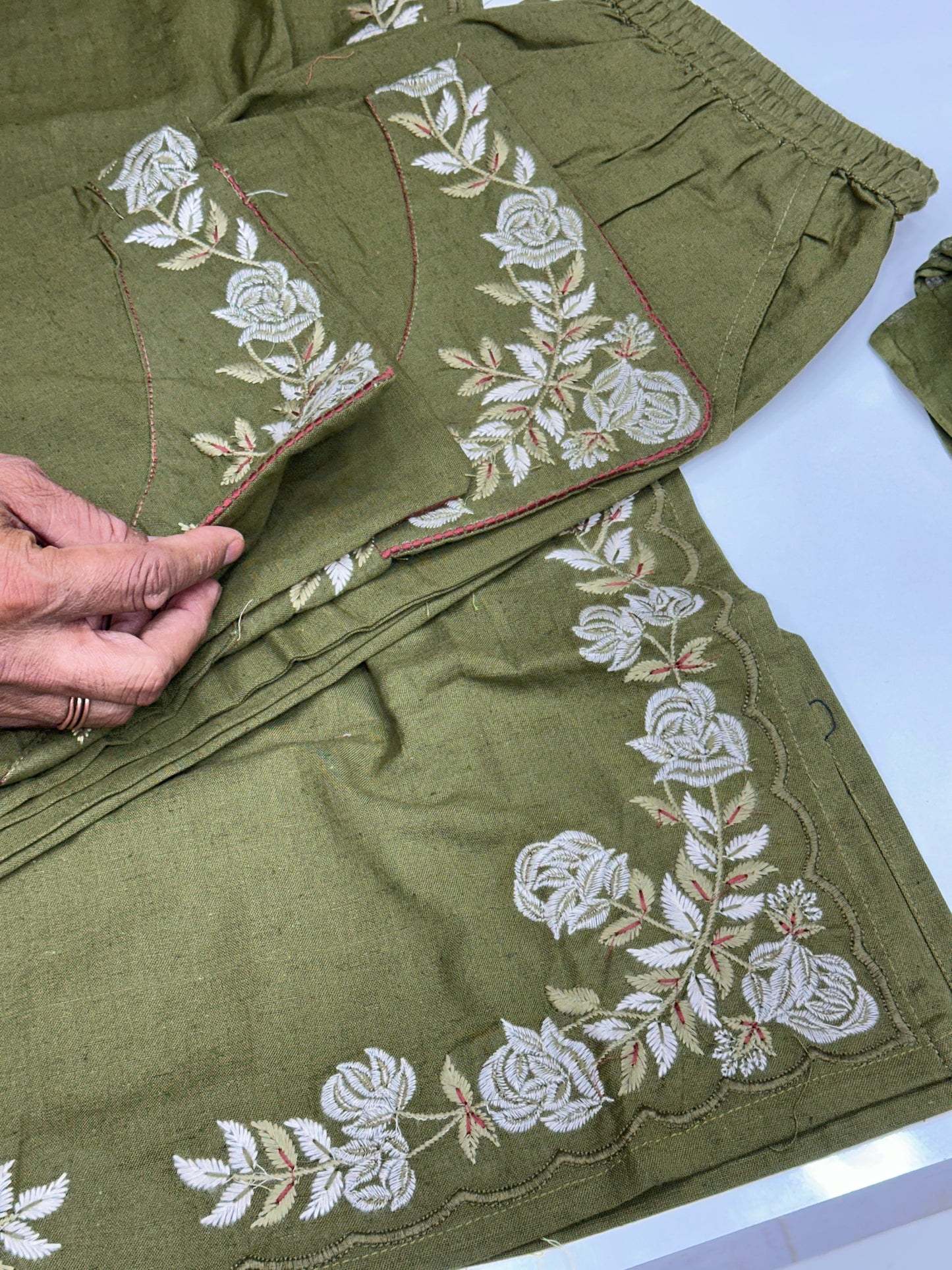 Dark Mehendi Pure Cotton Embroidered Semi formal Kashmiri Suit with Embroidered Mal Cotton Duppata RR1260-mehndi green