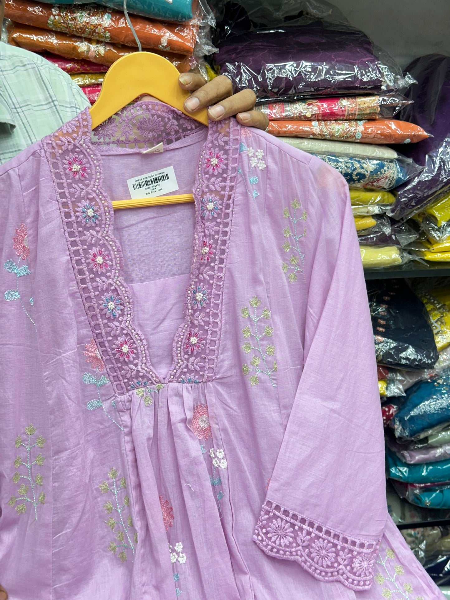 Pastel Pure Mul Cotton Embroidered 3-Piece Kurta Set with Floral Thread Work & Lace Detailing