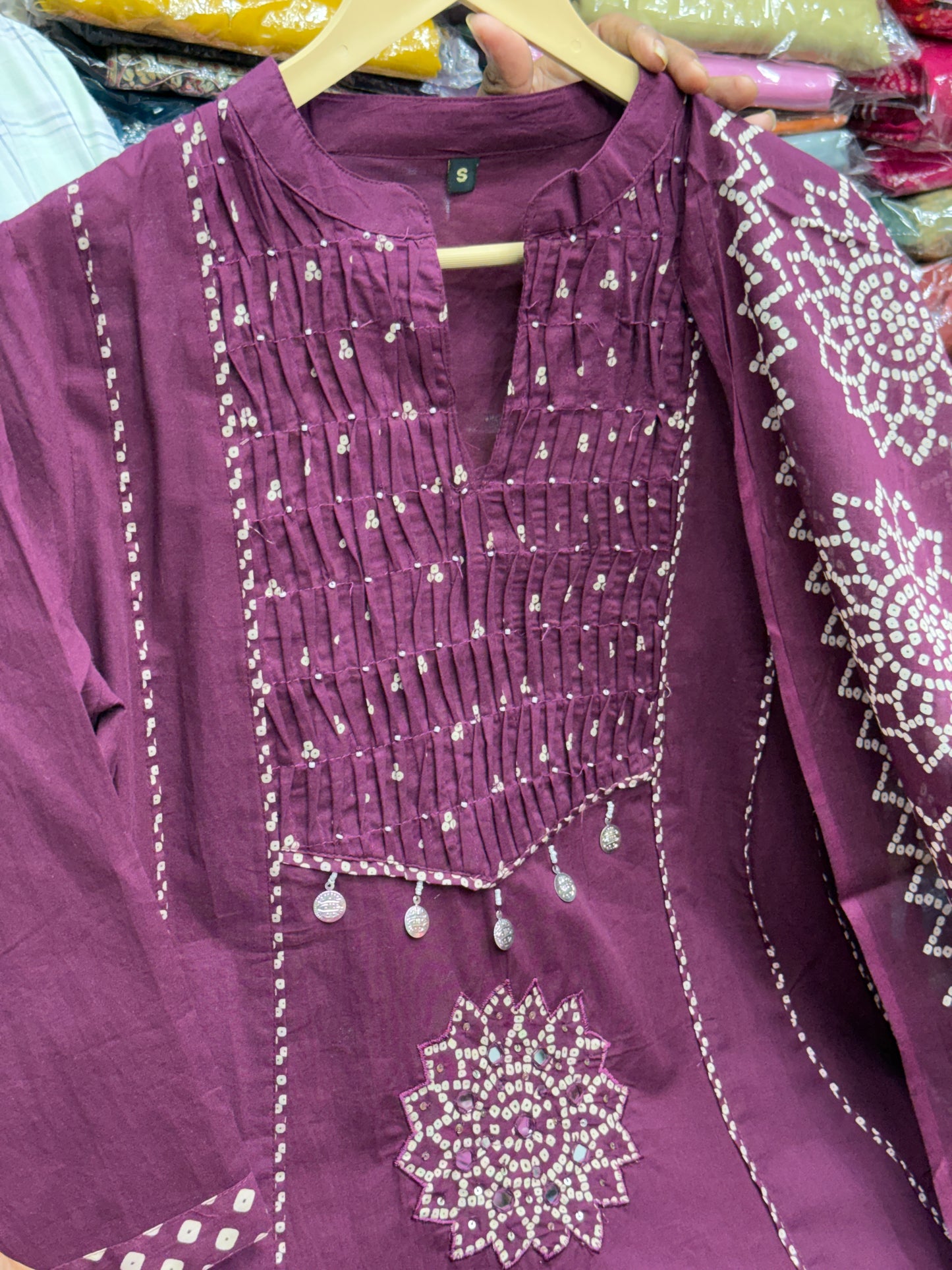 Pure Cotton Bandhani Printed A-Line Kurta Set with Pintex Neck Detailing, Matching Pants & Dupatta (3-Piece)