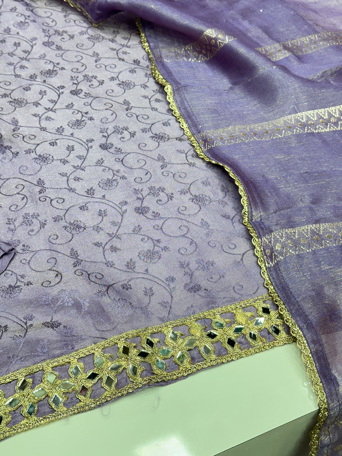 Designer Lavender Kurta with Loose Divider Pants & Silk Dupatta – Pure Chanderi Ethnic Wear