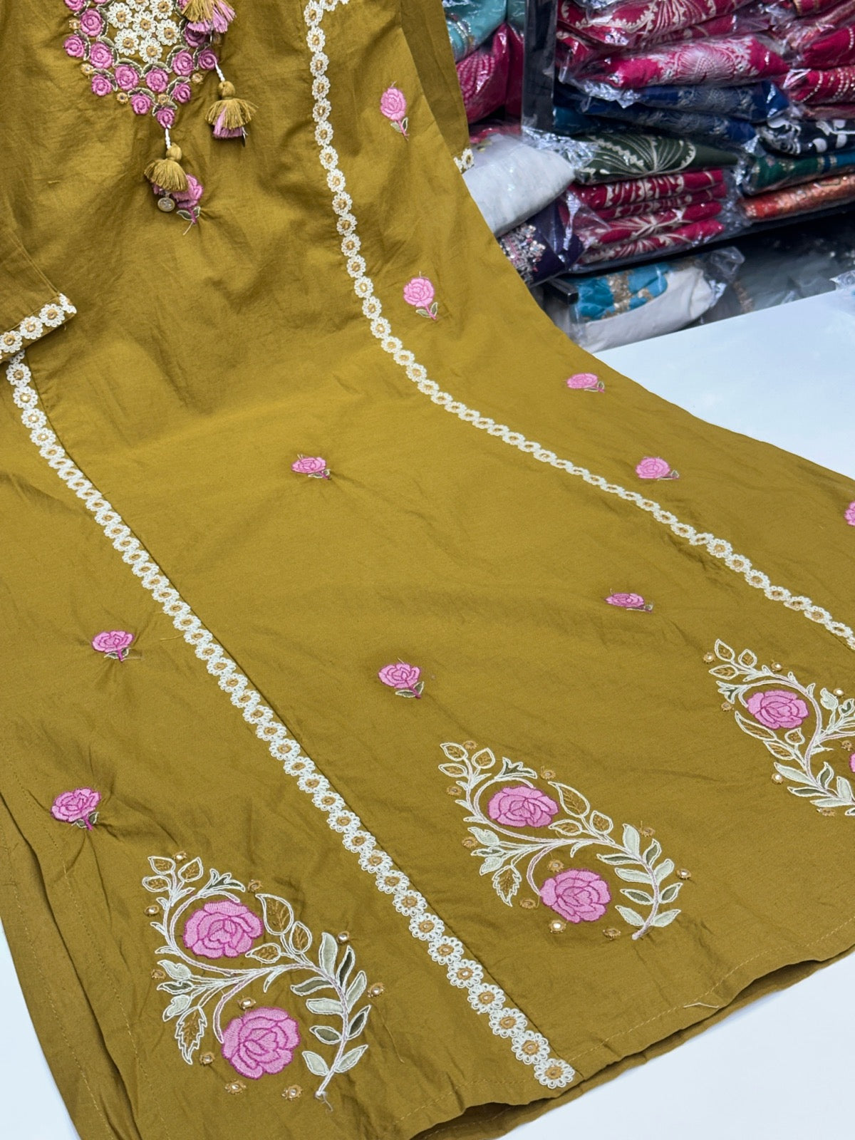 Women's Rani Pink and mustard Pure Cotton 3-Piece Kurta Set with All-Over Thread Work (Kurta, Pant & Dupatta)