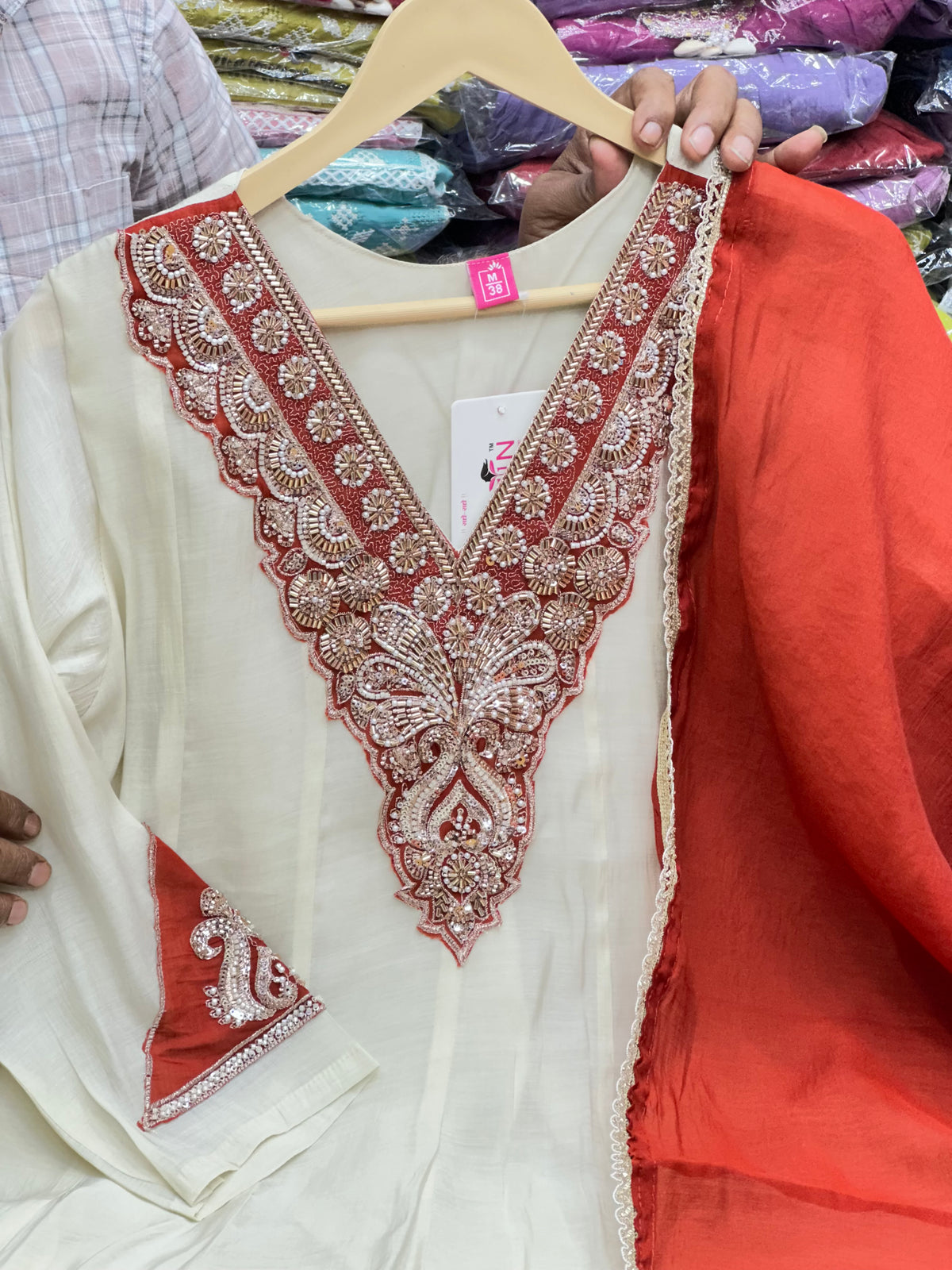 Handcrafted Mulmul Chanderi Suit Set with Divider Details & Exquisite Handwork Dupatta RR1677