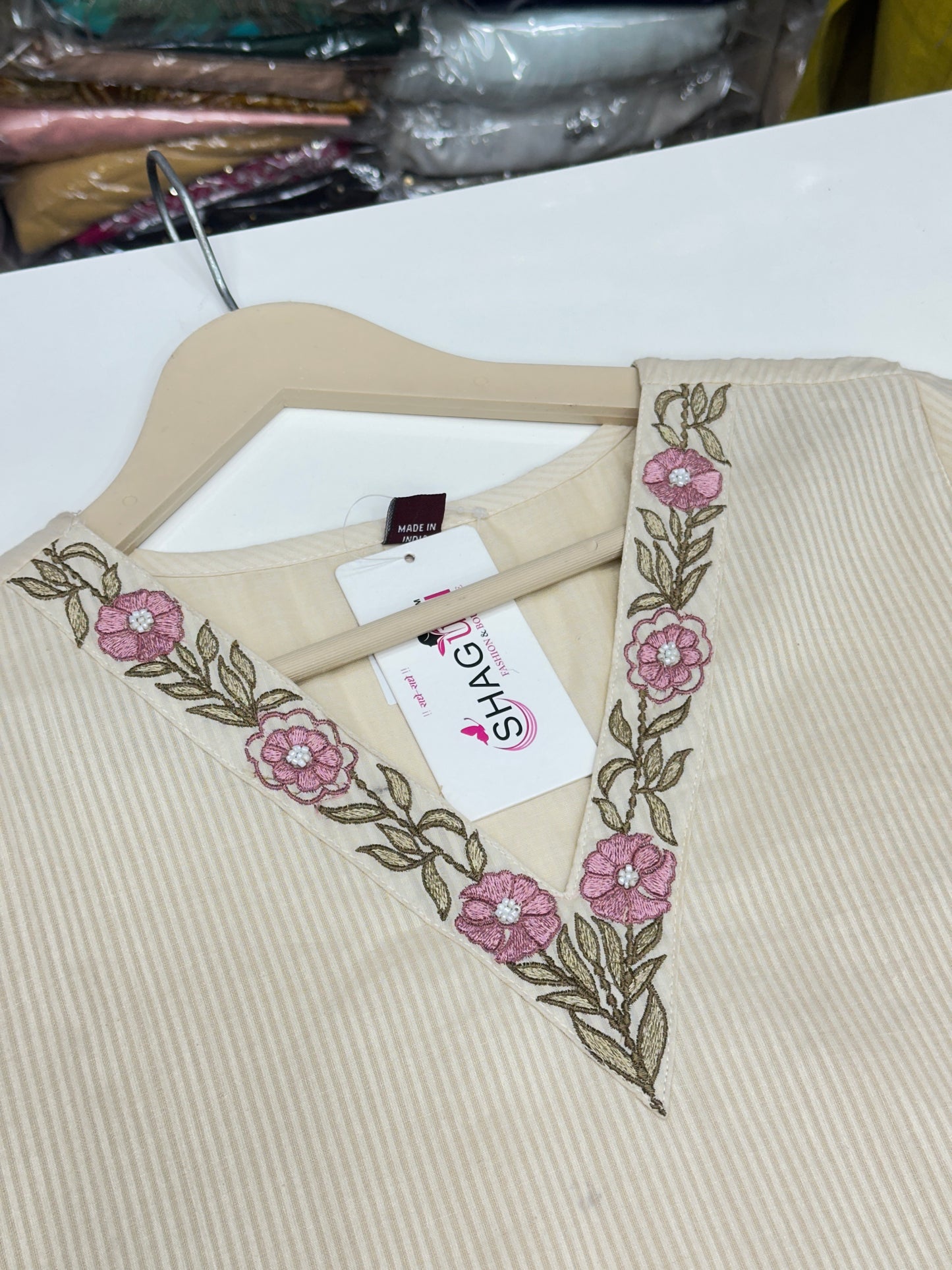 Off white Red and beige Premium cotton party wear dress with pant and duptta Floral Thread work And mirror work detailing on top and duptta