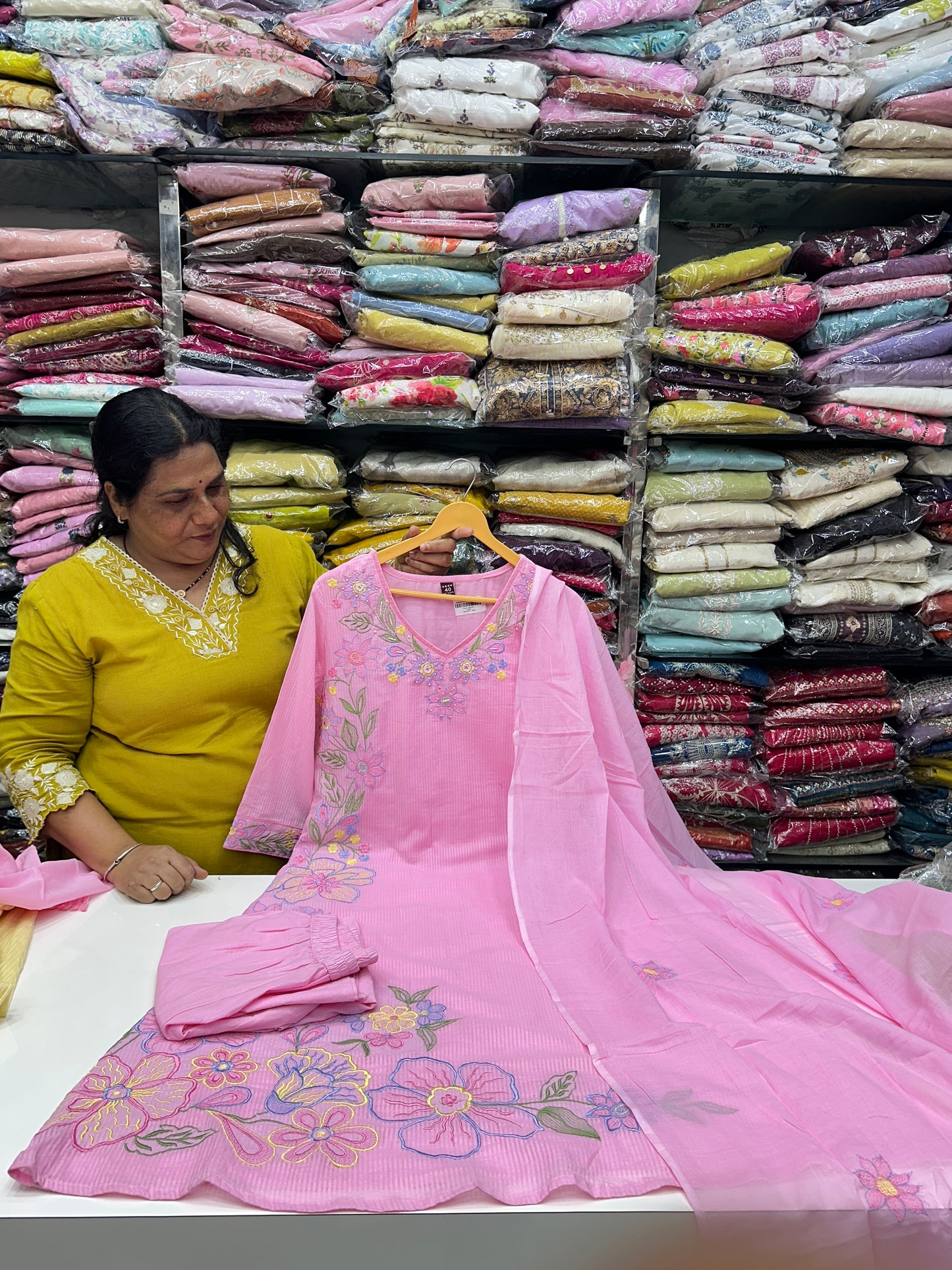 Pink and white Premium cotton party wear dress with pant and duptta Floral Thread work detailing on top and duptta