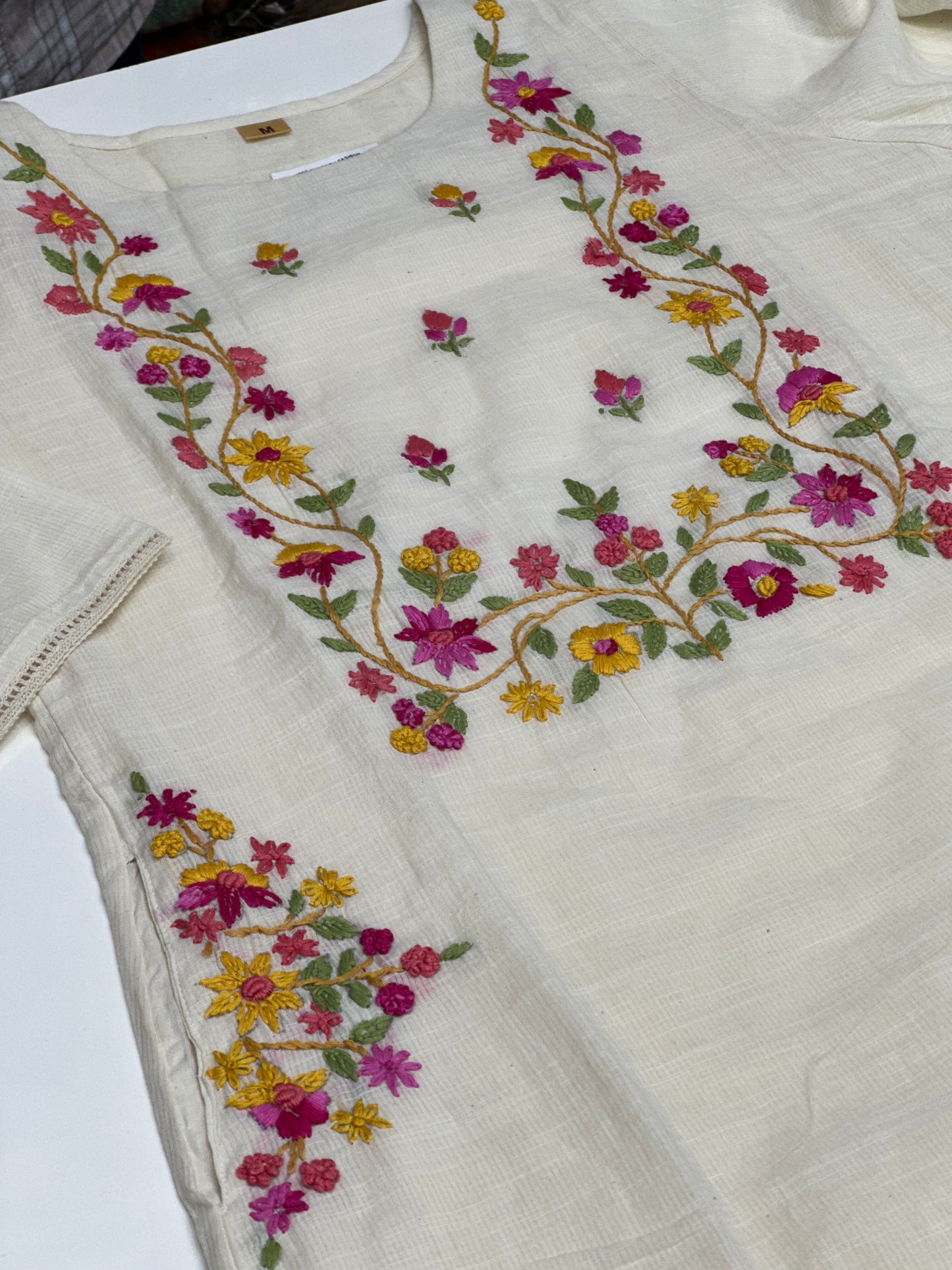 Off-White Doriya Mul Cotton 3-Piece Kurta Set With Floral Embroidery And Luse Plazo With Floral Print Dupatta | Premium Summer Ethnic Wear for Women aesthetic article for outgoing