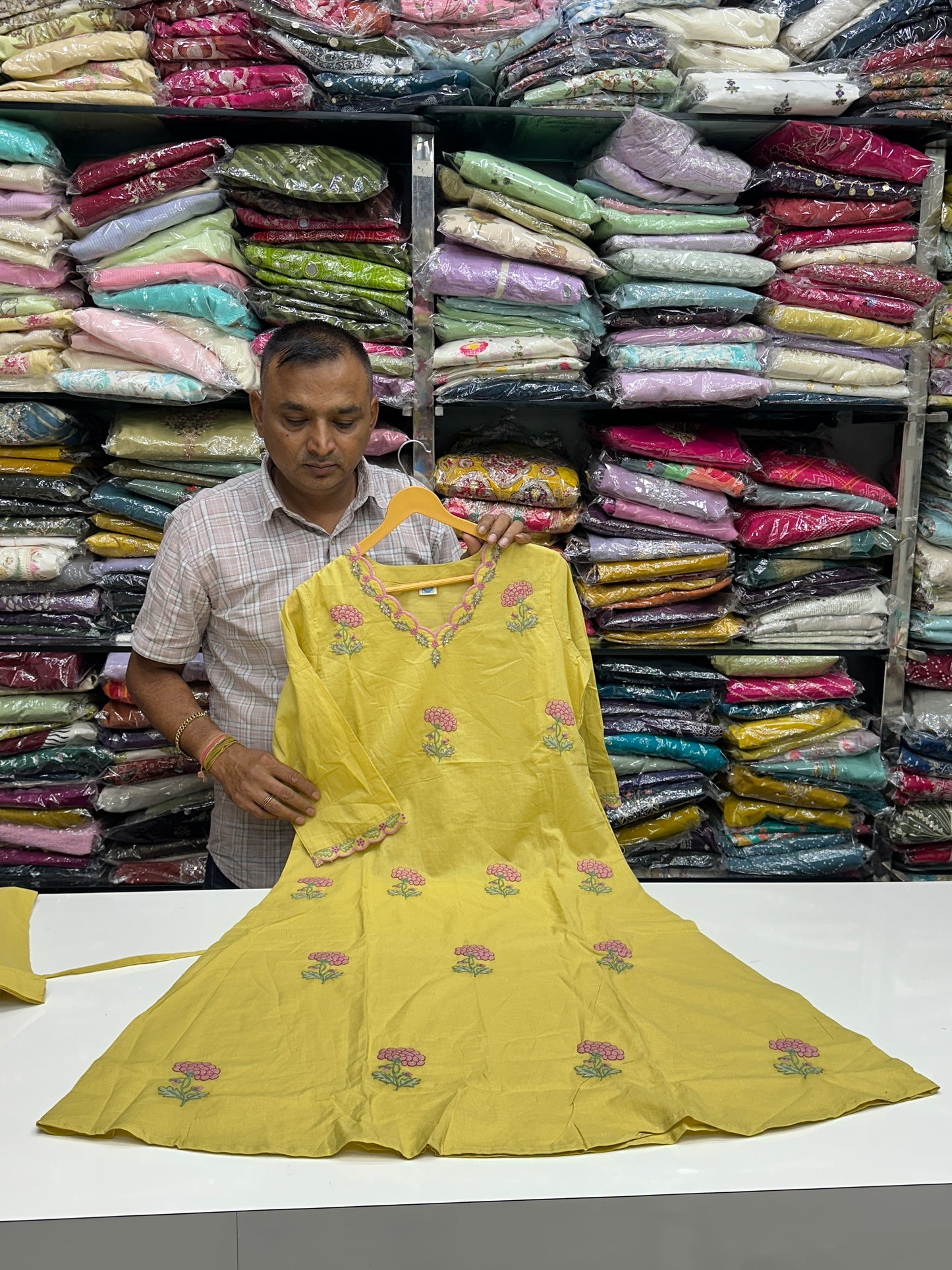 Semi Partywear Pure Cotton Kurti Pant With Duptta Floral Thread Work On neck And Front ( Sky Blue And Mustard Yellow) RR1556