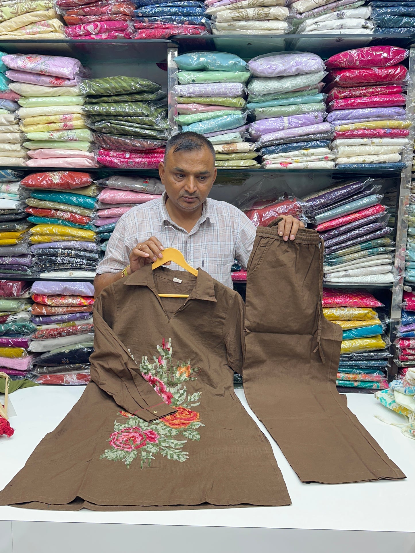 Premium Cotton co-ord with Crosh Stitched floral thread work detailing on top with lining ( blue and brown )
