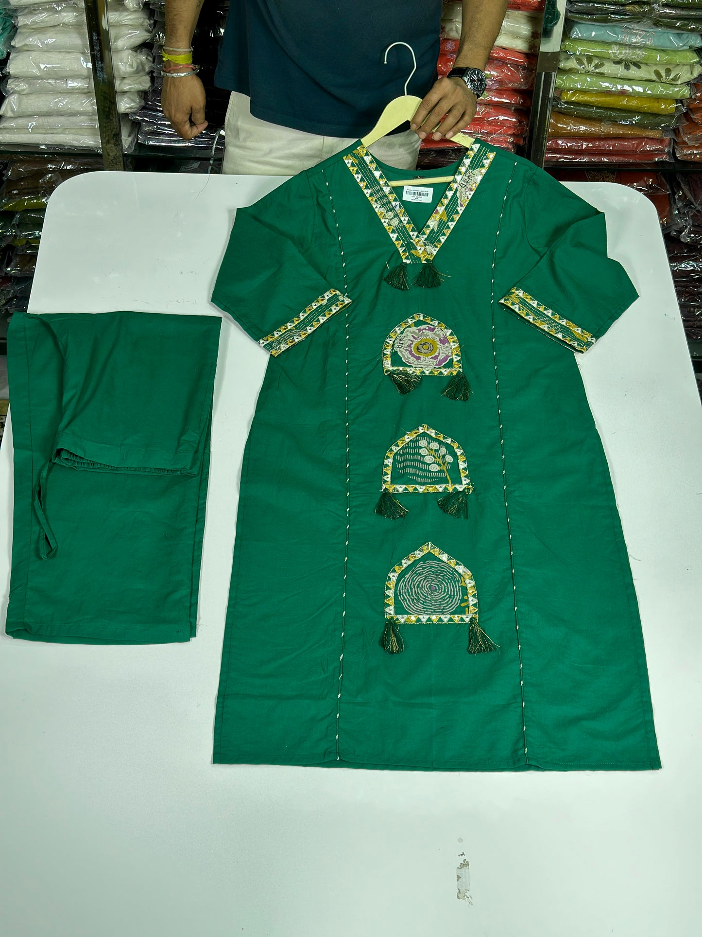 Pure Cotton Semi Formal Straight Suit With Beautiful Embroidery work on Designer Neck RR1322-Green