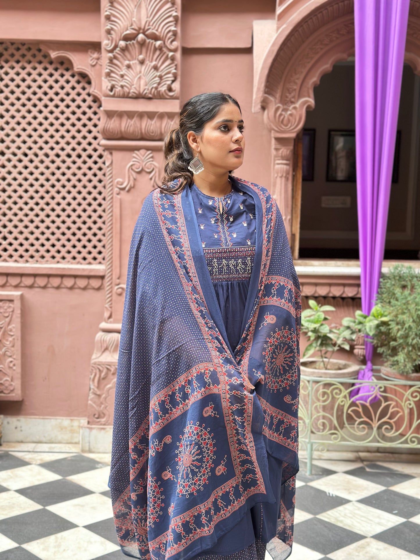 Women's Blue Embroidered Cotton Anarkali Kurta Set – Festive Wear (RR1015-Blue)