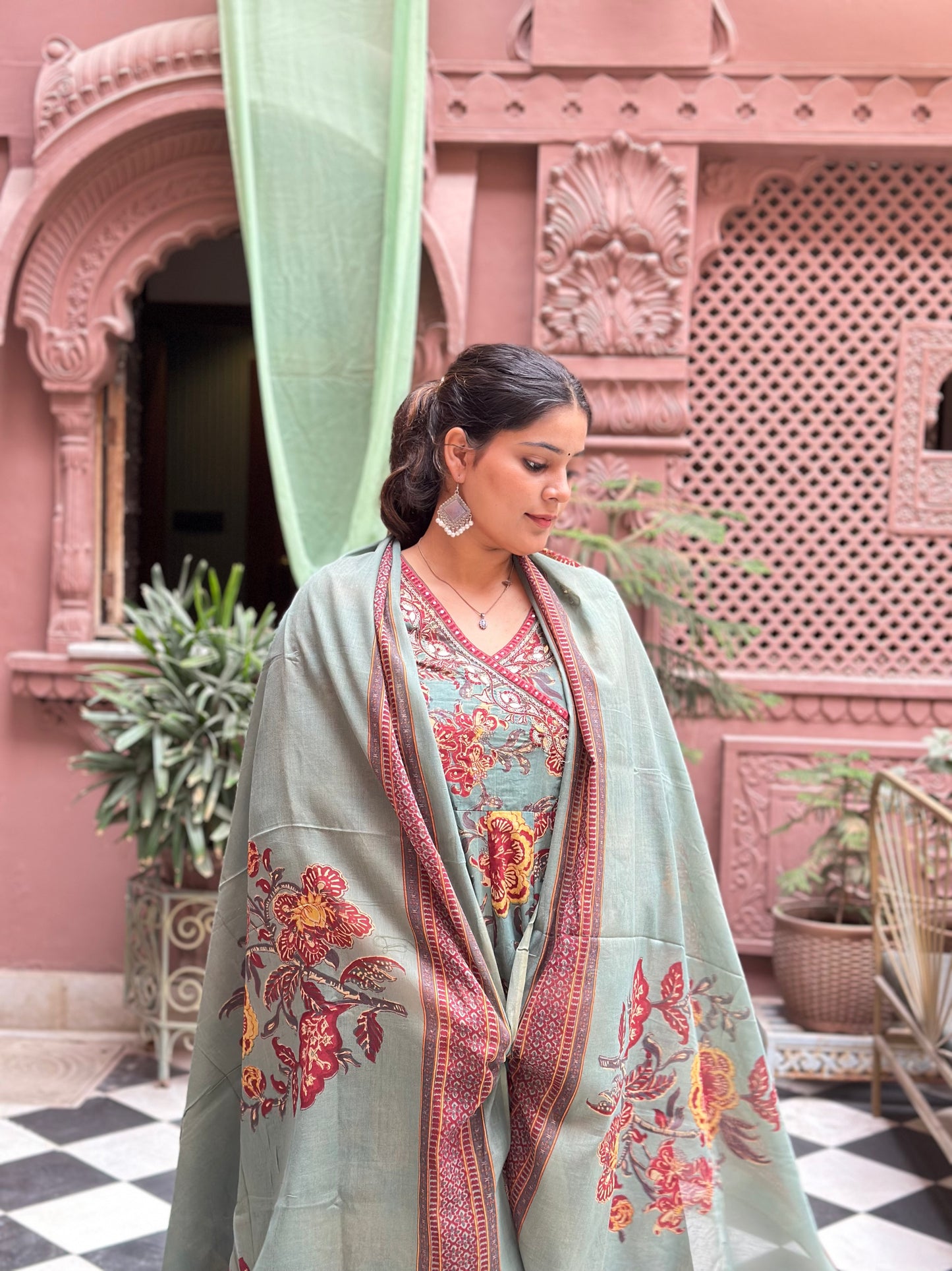 Women's Grey Cotton Anarkali Kurta Set with Embroidery & Floral Print – Festive Wear (RR1020-Grey)