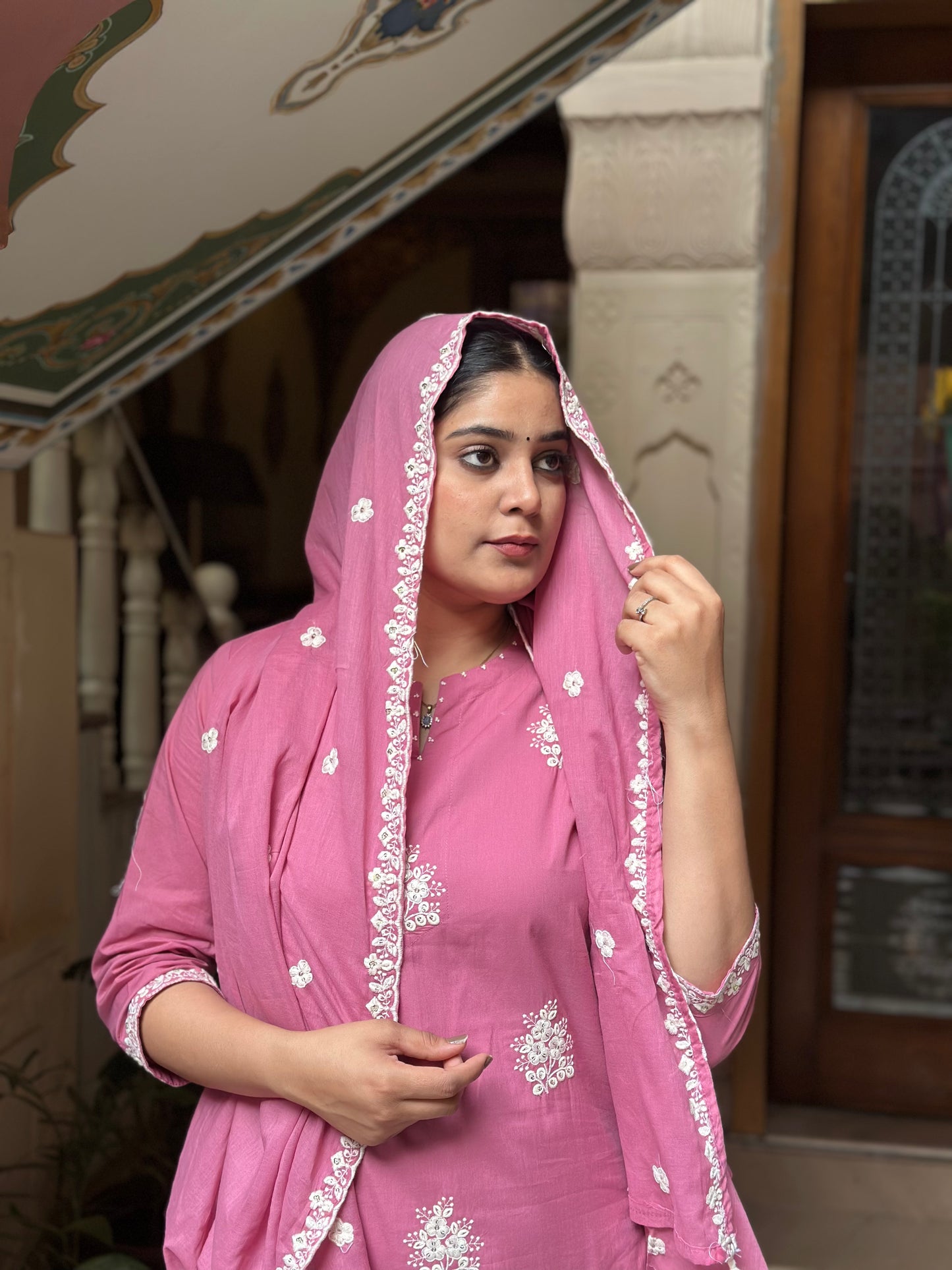 Women's Pink Cotton Straight Kurta Set with Embroidery & Neck Adda Work – Festive Wear (RR1028-Pink)