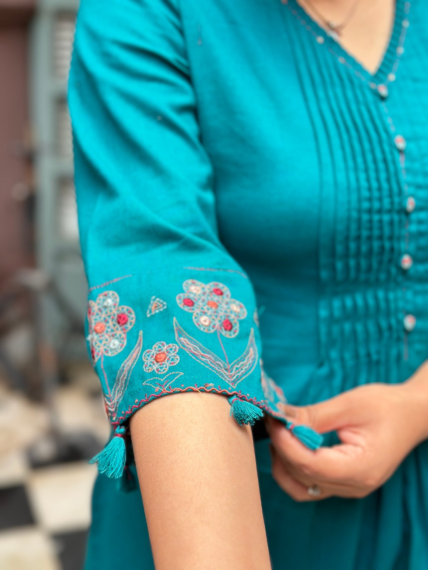 Women's Blue Khadi Cotton Embroidered Kurta Set – Festive Wear (RR1037-Blue)