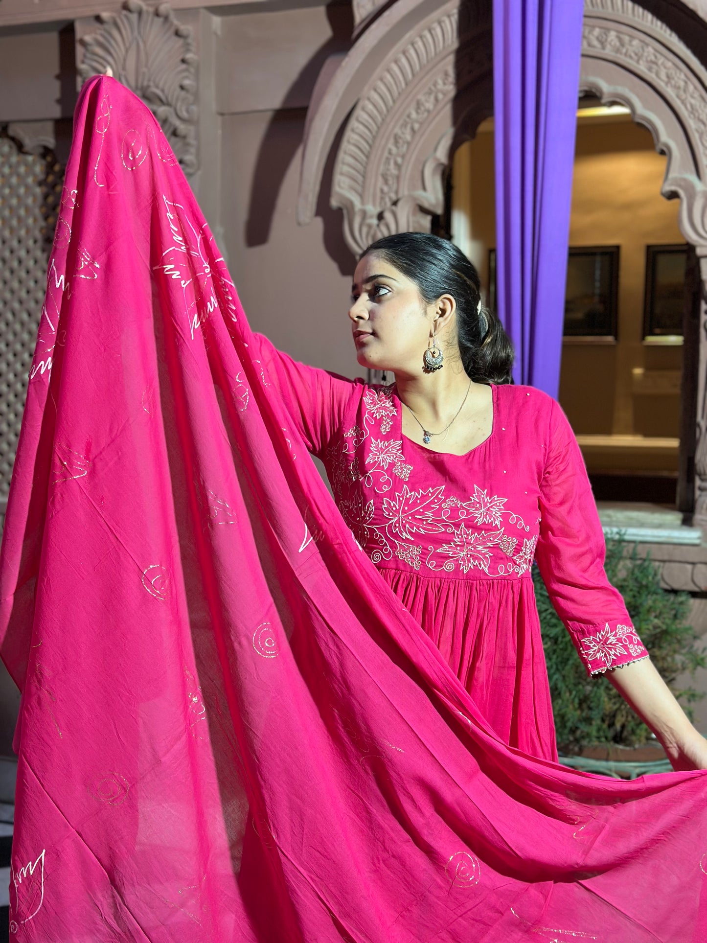 Graceful Pink Anarkali Kurta Set – Embroidered Adda Work, Pure Cotton, Festive Wear (RR1045-Pink)