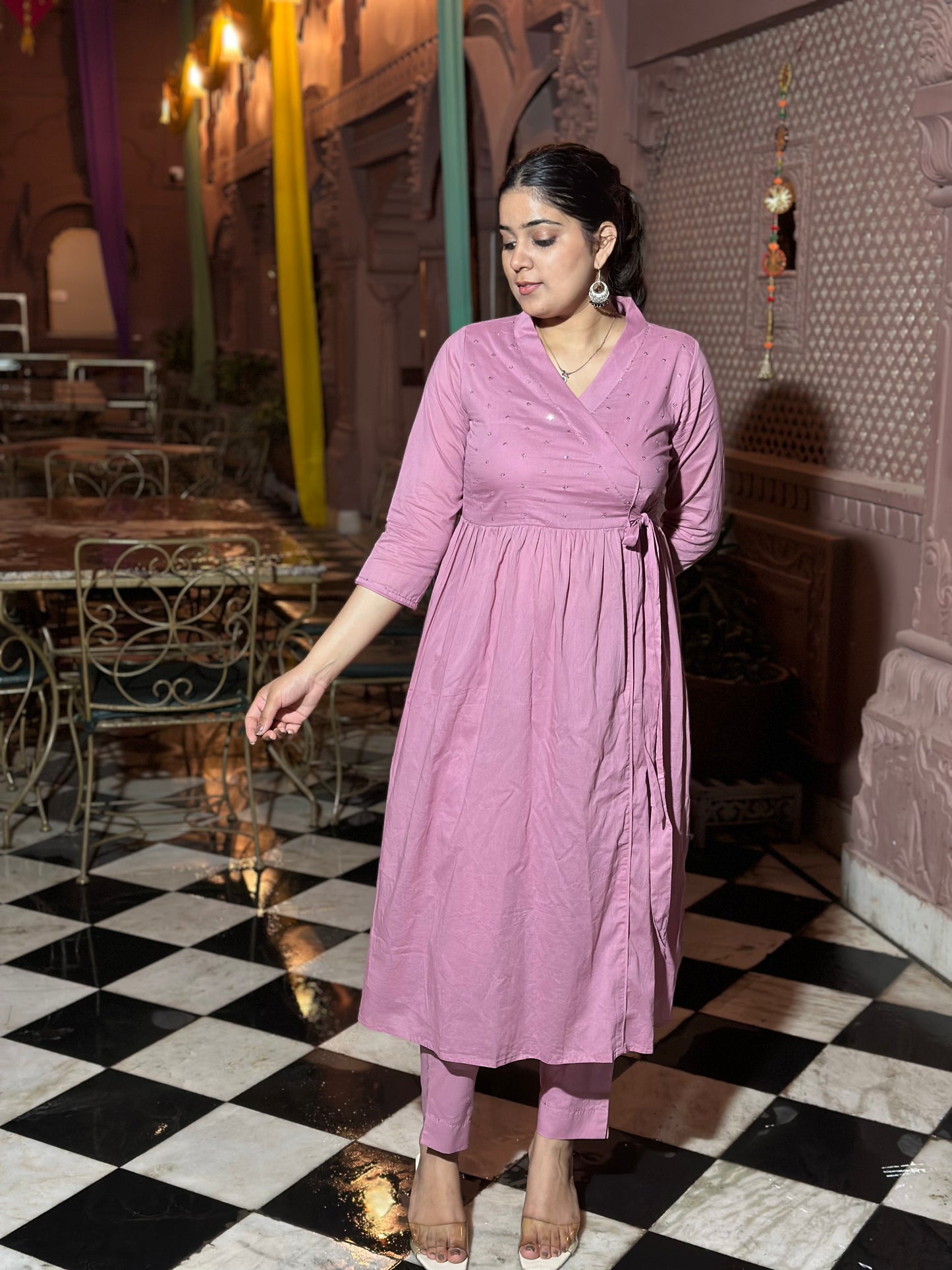 Lavender Angrakha Kurta Set – Pure Cotton, Adda Work, Festive Wear (RR1048-Lavender)