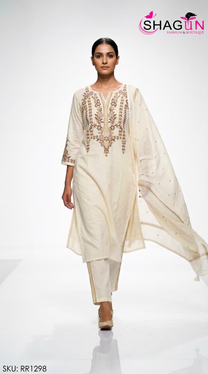 Pastel Green Pure Cotton Summerish Suit with Sleek Embroidery Work on neck RR1298-Off White