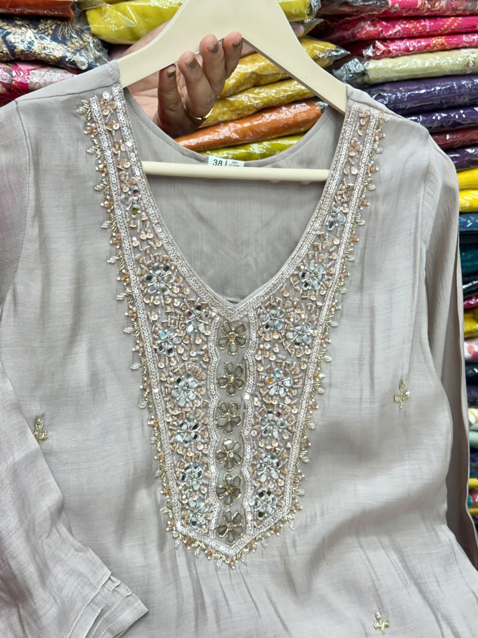 A-Line Mul Chanderi 3-Piece Suit Set with Handwork Neck - RR1643