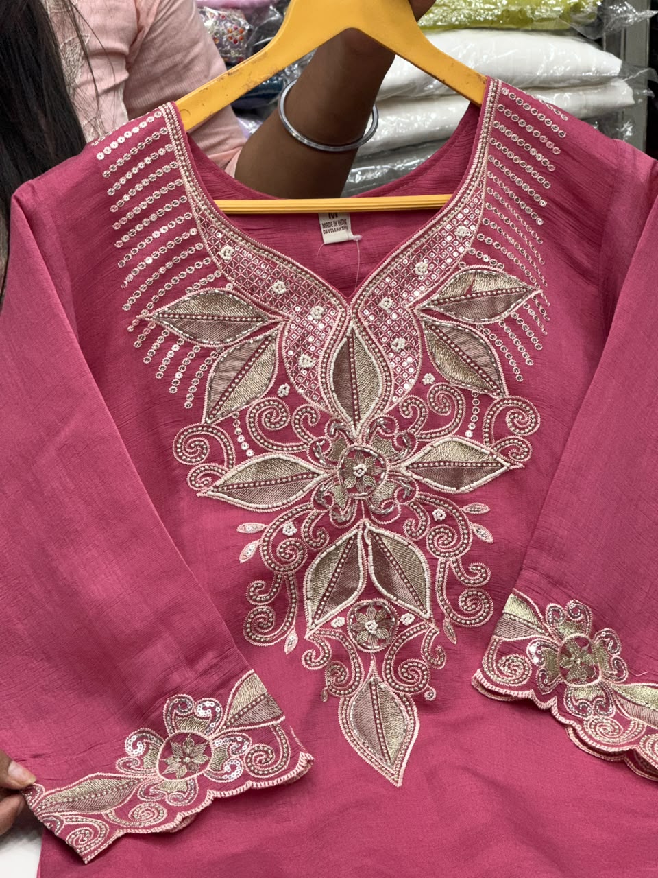 Mul Chanderi Straight Kurti Pant Set with Heavy Embroidery and Cutout Work - RR1662
