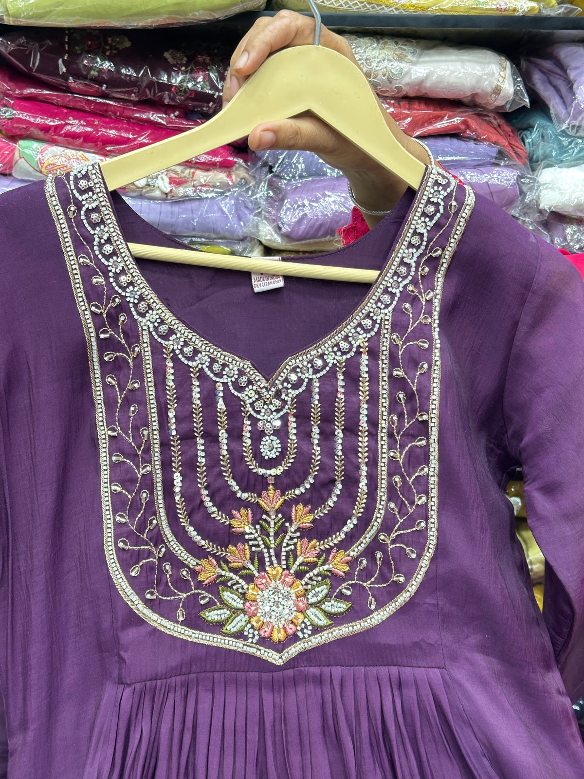 Purple Brinjal Pure Mul Chanderi 3-Piece Festive Kurta Set with Handwork & Dupatta