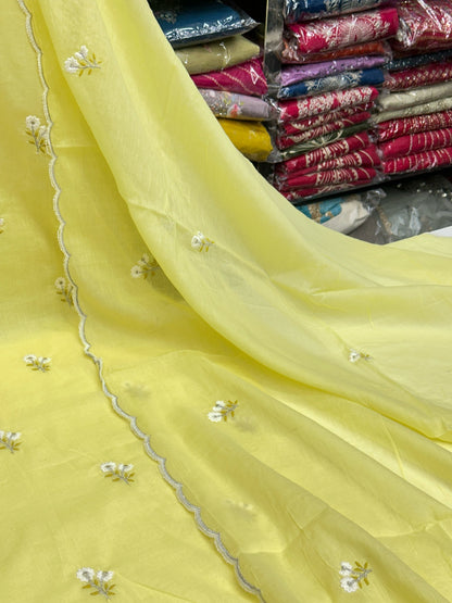 Pure Mul Cotton Embroidered Kurta Set with Lace Work Dupatta & Pants in Pastel Colours