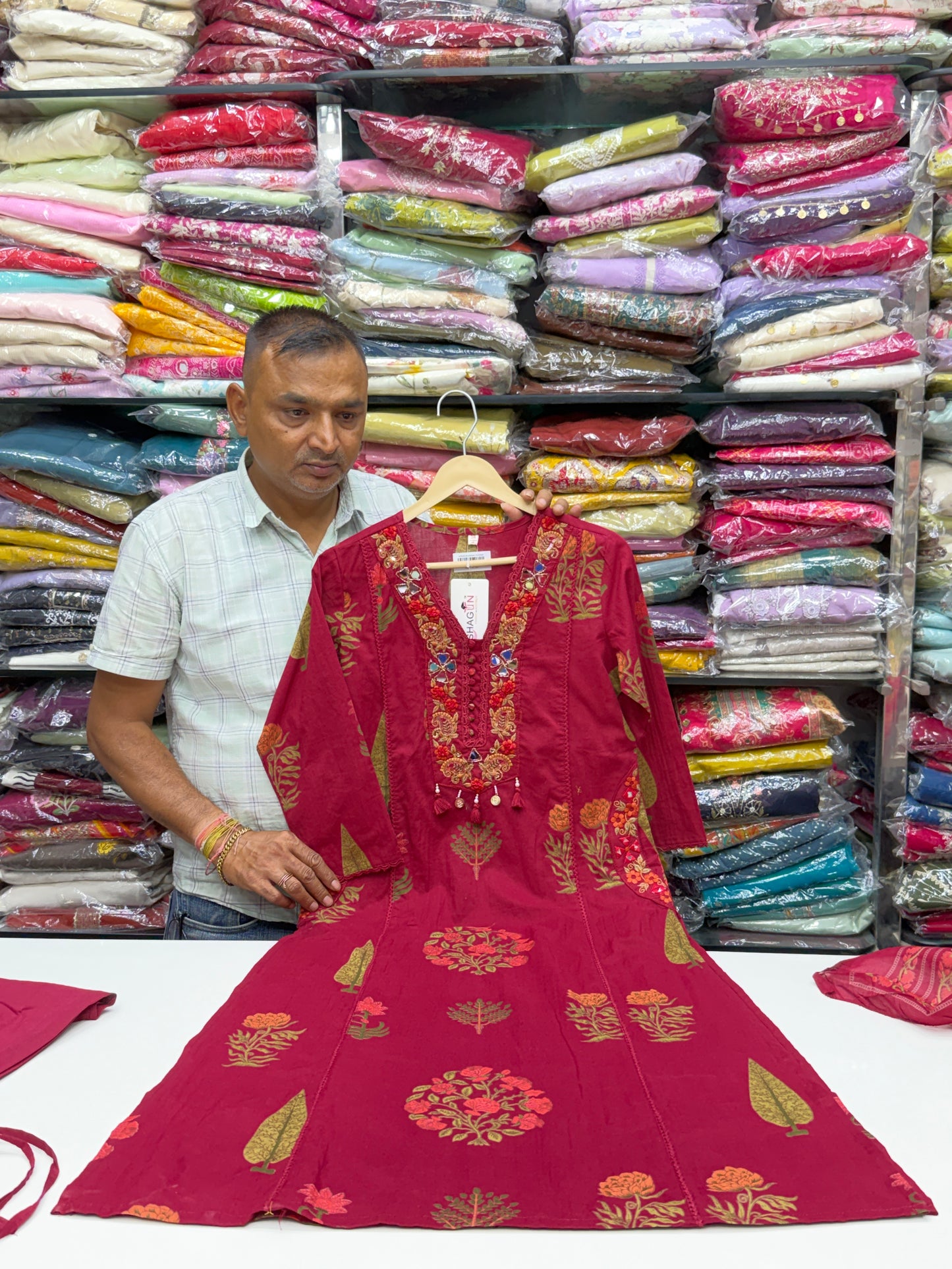 Handblock Printed Cotton 3-Piece Suit Set with Neck Embroidery