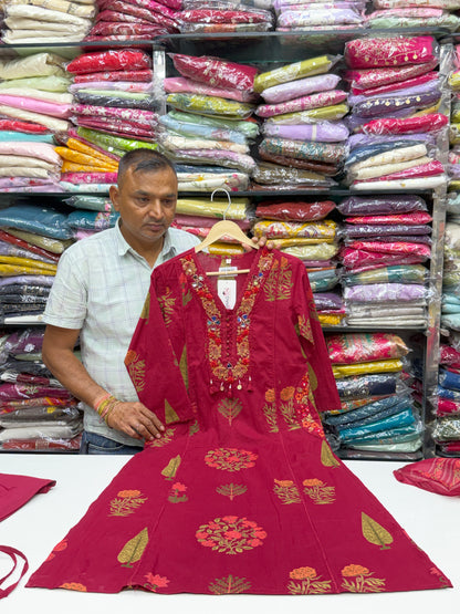 Handblock Printed Cotton 3-Piece Suit Set with Neck Embroidery