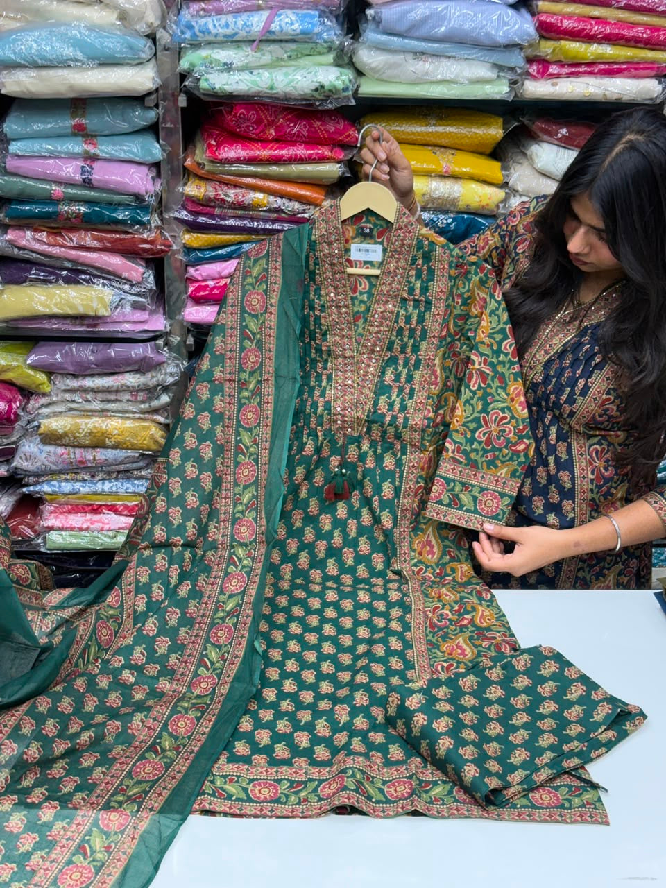 3 piece kurta set in premium cotton fabric with thread work detailing ajrak print amazing shades perfect for casual and office wear