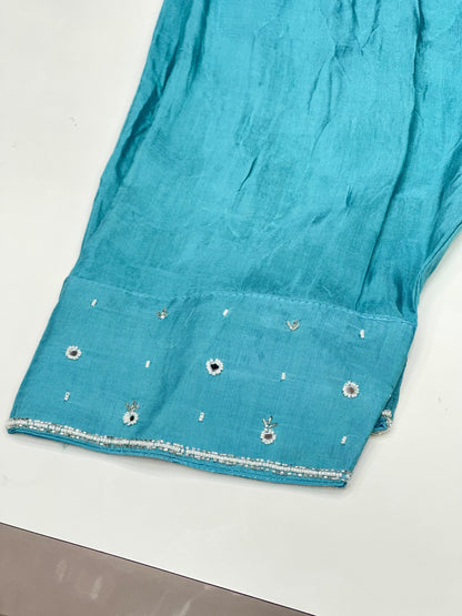 Pure Silk Handwork Kurta with Farsi Salwar & Chiffon Dupatta – Party Wear Three-Piece Set