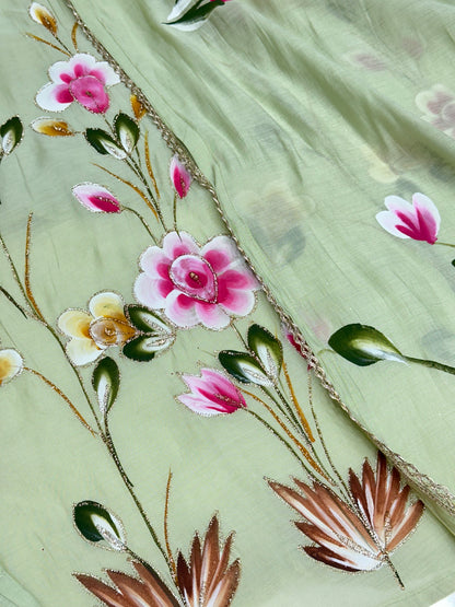 Hand-Painted Mul Chanderi A-Line Kurta Set with Mul Cotton Lining | Festive Party Wear
