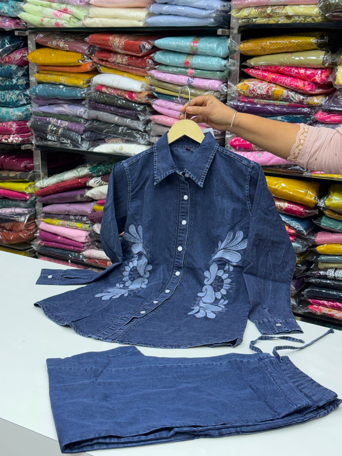 Trending Cotton denim Co-ord Set with thread work detailing perfect for casual and outgoing vacations Girlish article with western look comfortable for summers
