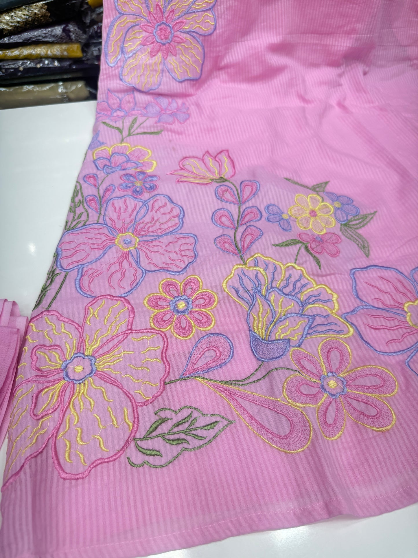 Pastel Pink Self-Texture Mul Cotton 3-Piece Kurta Pant Set with Dupatta & Lining | Floral Thread Work Summer Suit Set