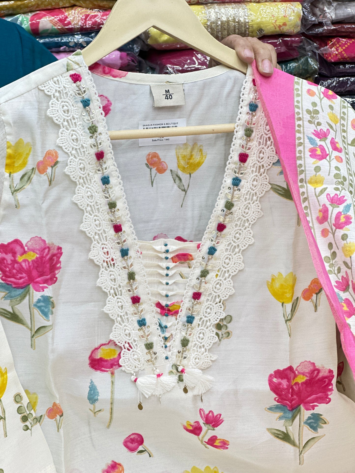 Mul Chanderi Semi Formal Straight Suit With Beautiful Lesh work on Designer Neck And Floral Print Dupatta perfect for festive occasions RR1458