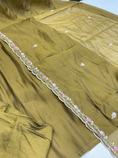 Mul Chanderi 3-Piece Kurta Set in Brown, Mehendi & Green with Thread Work