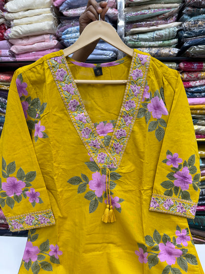 Women's Pure Cotton Floral Printed 3-Piece Kurta Set with Lace Work V-Neck, Loose Pants and Printed Dupatta