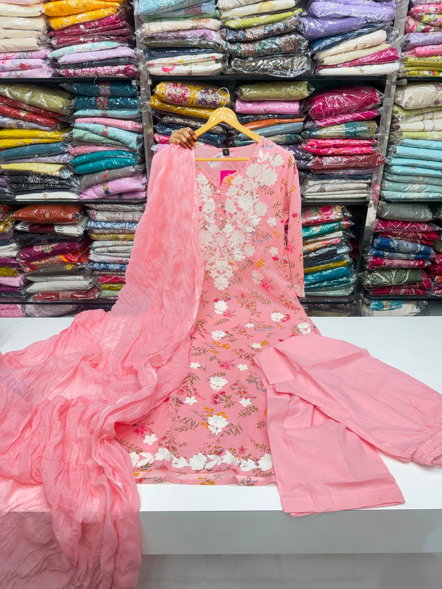 Cotton Floral Printed Kurta Set with Lucknowi Chikankari Embroidery & Dupatta (3-Piece)