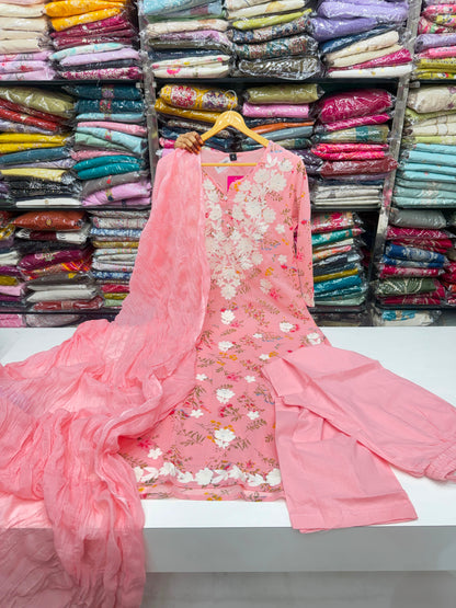 Cotton Floral Printed Kurta Set with Lucknowi Chikankari Embroidery & Dupatta (3-Piece)