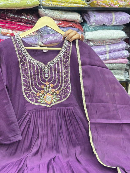 Purple Brinjal Pure Mul Chanderi 3-Piece Festive Kurta Set with Handwork & Dupatta