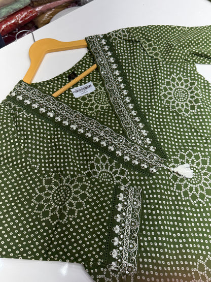 Vibrant Pure Cotton Bandhani Print Kurta Set with Leheriya Dupatta | Sawan Special V-Neck Suit with Lace Work | Comfortable Summer Wear RR1527