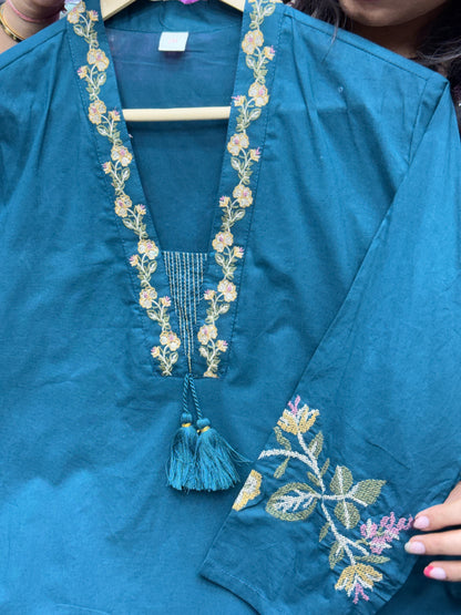 Pure cotton 3 piece kurta set with cross thread detailing