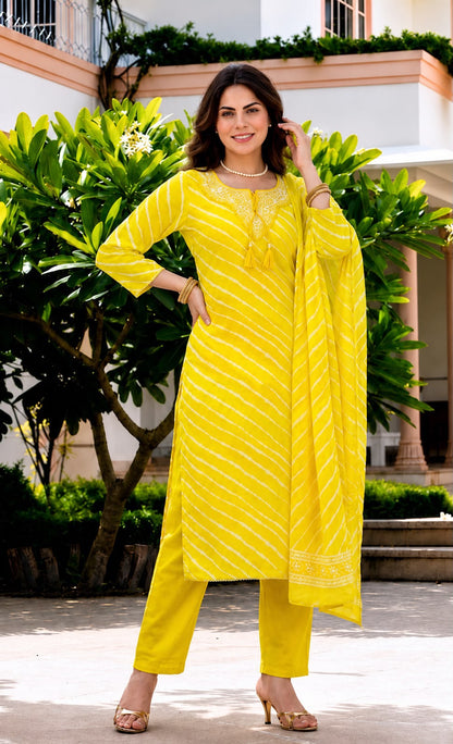 Pure Cotton Leheriya 3-Piece Ethnic Suit Set with Thread Work