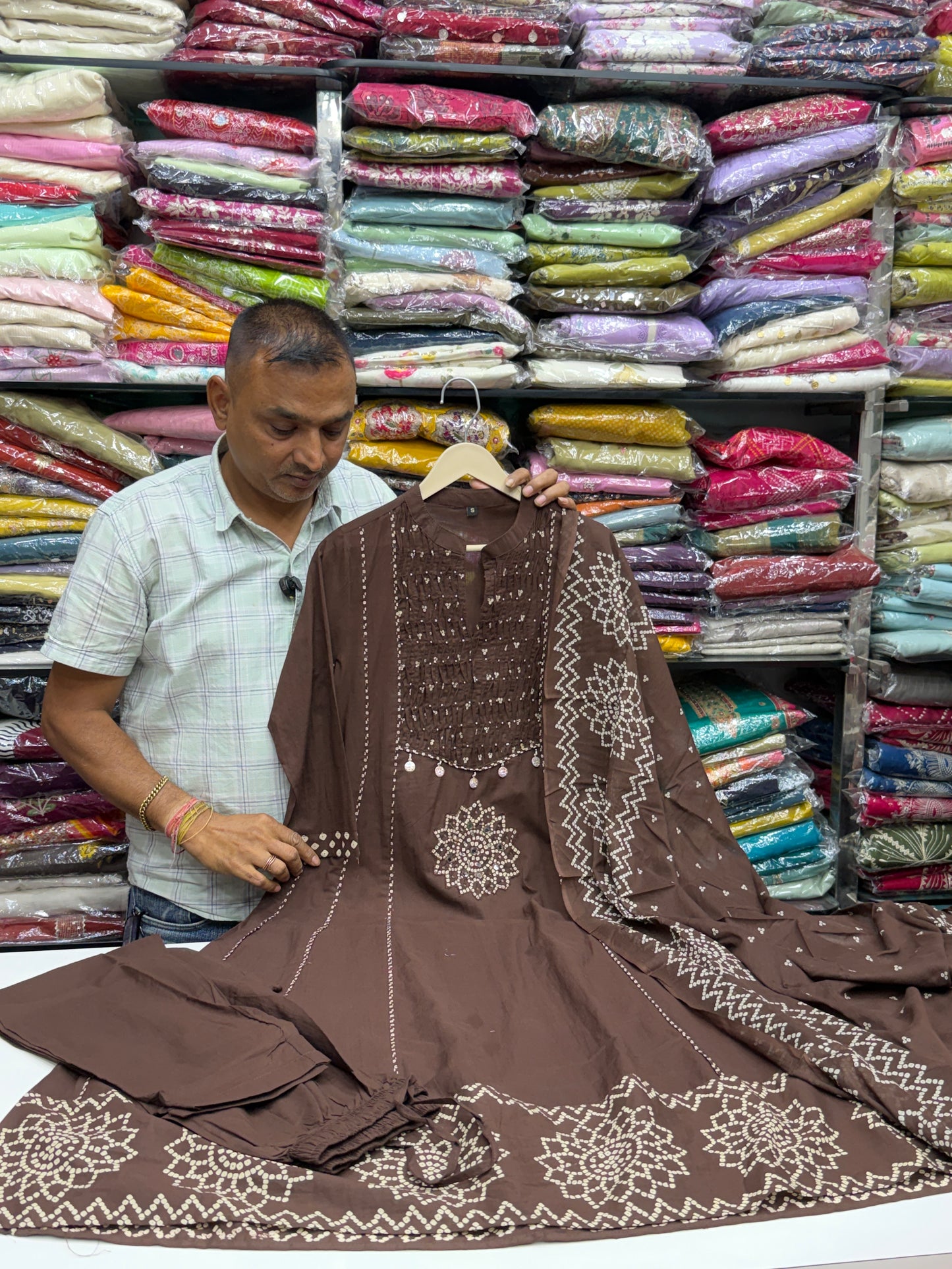 Pure Cotton Bandhani Printed A-Line Kurta Set with Pintex Neck Detailing, Matching Pants & Dupatta (3-Piece)