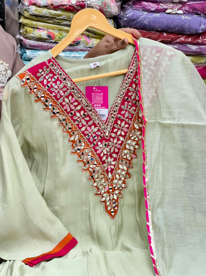 Peach And Pista Green Semi Parti Wear Mul chabdari Anarkali Dress Gotapatti And Hand Work Detailing On Neck With Duptta RR1673