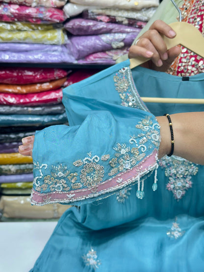Pure Silk Handwork Kurta with Farsi Salwar & Chiffon Dupatta – Party Wear Three-Piece Set
