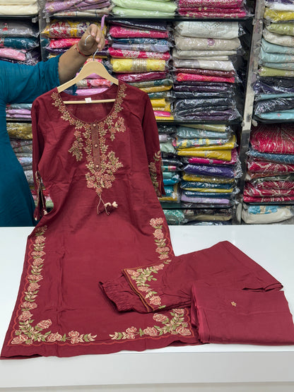 Soft Cotton Semiformal Straight Suit with Heavy Embroidery work on sleeves & Border and bottom