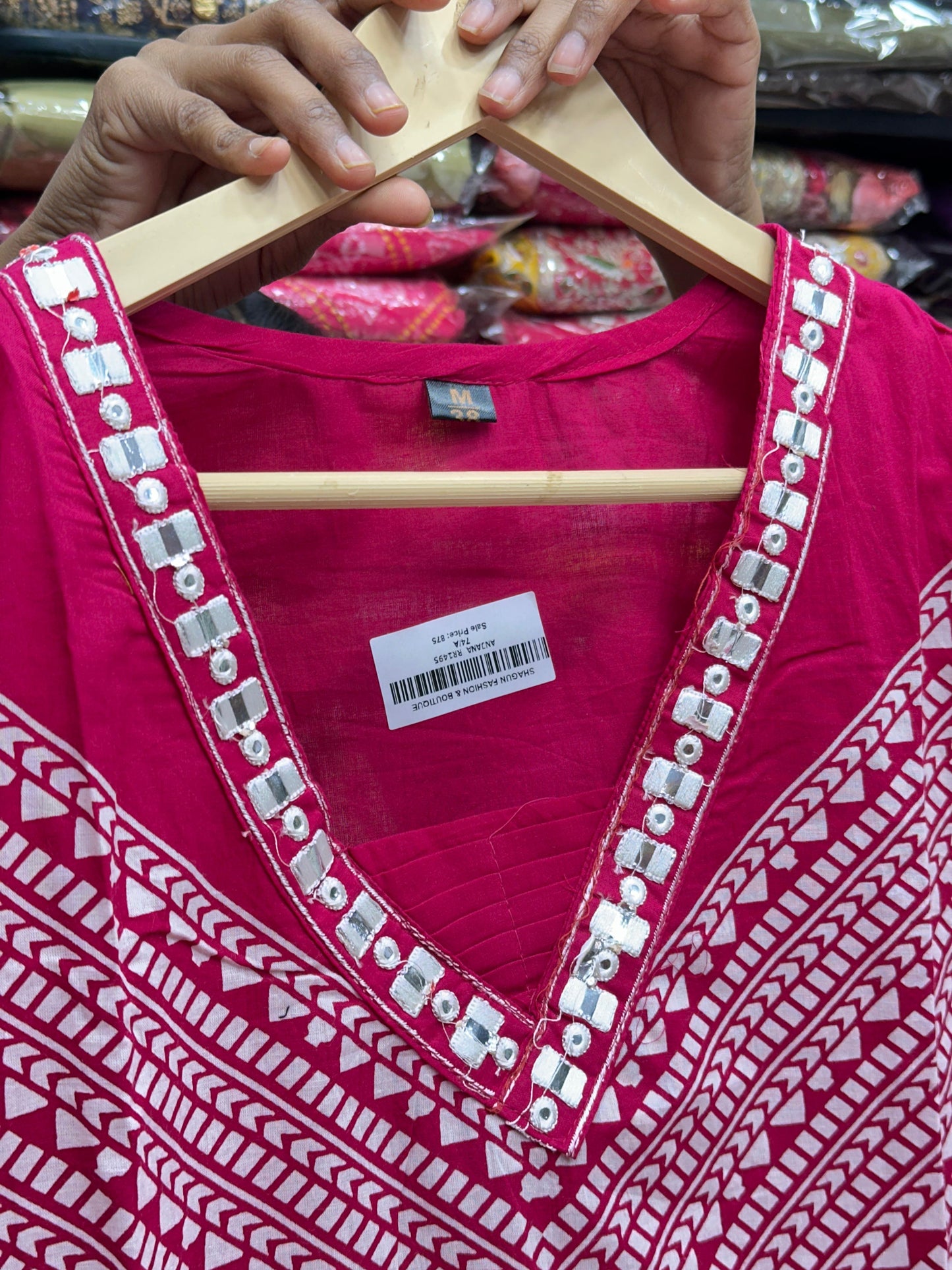 Women's Pure Cotton Geometric Print 3-Piece Kurta Set with Thread Work V-Neck, Loose Pants and Dupatta RR1495