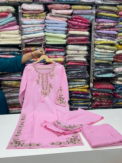 Soft Cotton Semiformal Straight Suit with Heavy Embroidery work on sleeves & Border and bottom