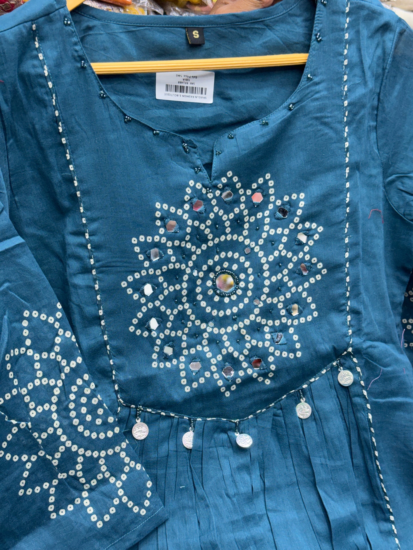 3 piece Bandhani kurta set in premium cotton fabric with mirror work detailing beautiful shades perfect for casual and office wear RR1488