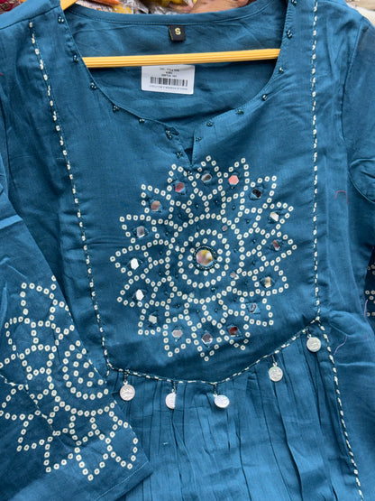 3 piece Bandhani kurta set in premium cotton fabric with mirror work detailing beautiful shades perfect for casual and office wear RR1488