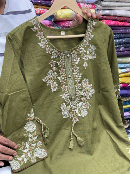Dark Mehendi Pure Cotton Embroidered Semi formal Kashmiri Suit with Embroidered Mal Cotton Duppata RR1260-mehndi green